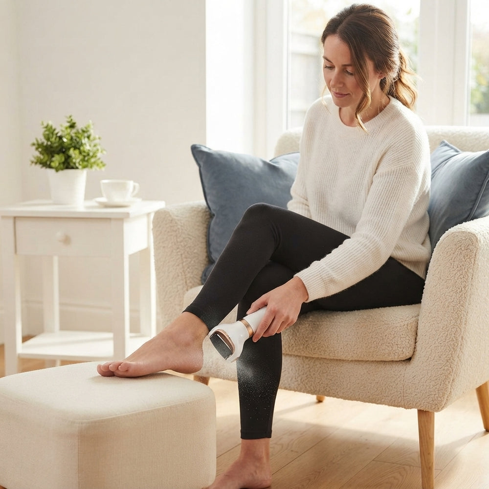 Woman using an electric callus remover tool on her foot while sitting on a cream chair in a modern, bright living room.