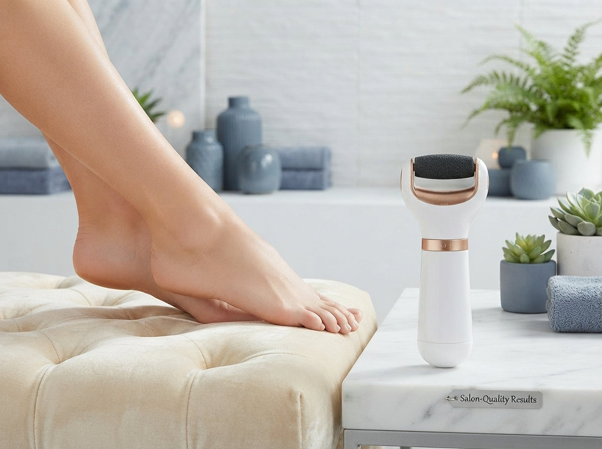 A woman with smooth, soft heels next to an electric callus remover tool on a cream-colored surface in a bright, modern settin